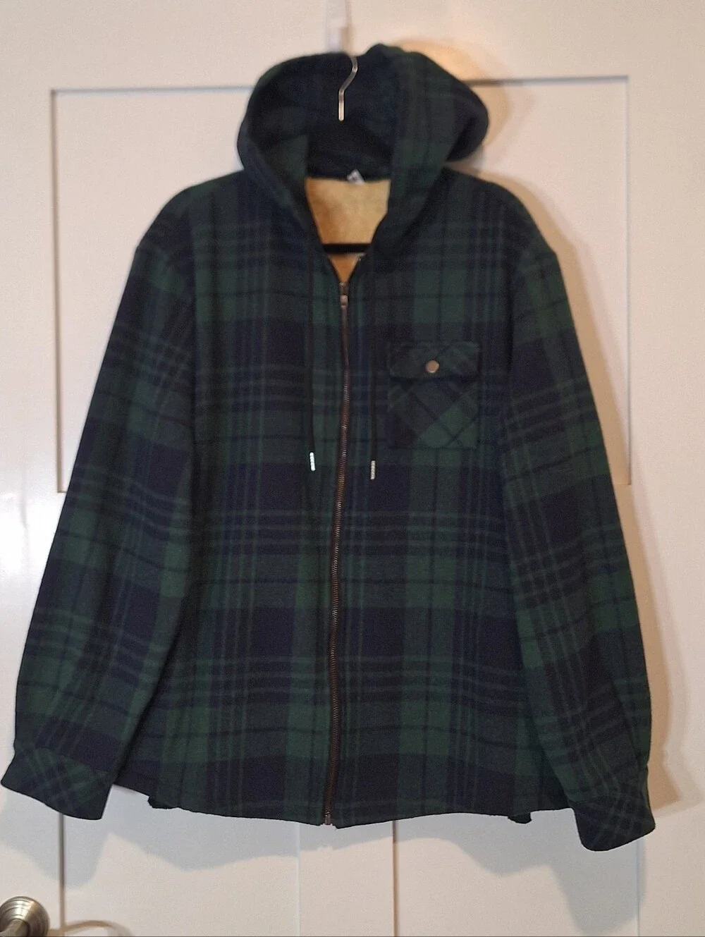 Coofandy Flannel Zip Up Hooded Jacket Sherpa Lined Green Navy Blue Plaid XL